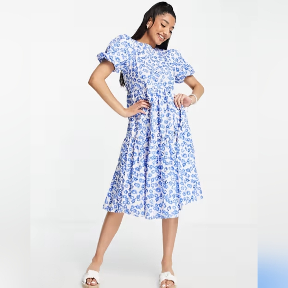 #1839 ASOS Glamorous Blue & White Tiered Floral Midi Smock Dress Sz.4
